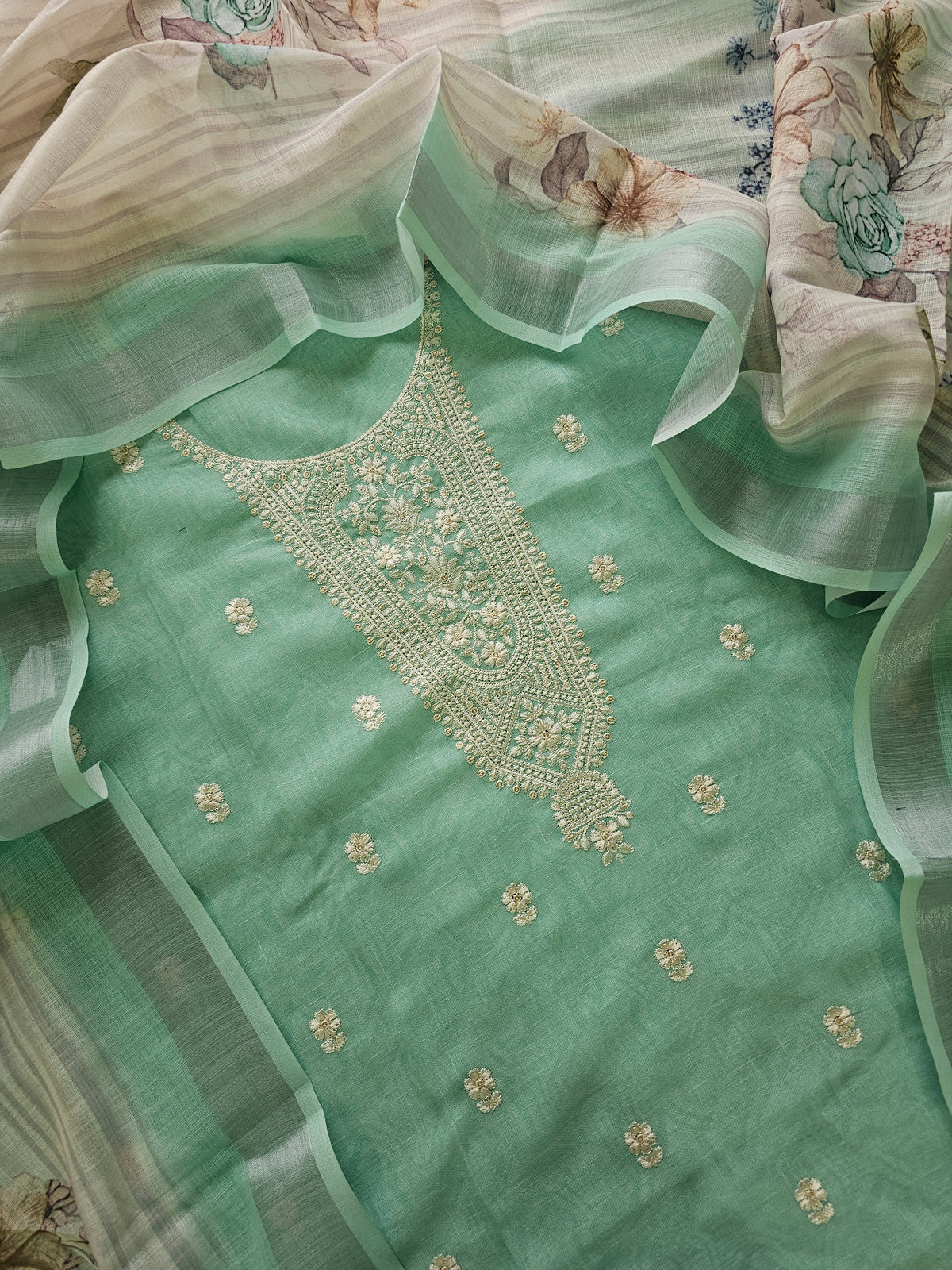 Linen Cotton with Emboridery Salwar Suit  - Sea Green