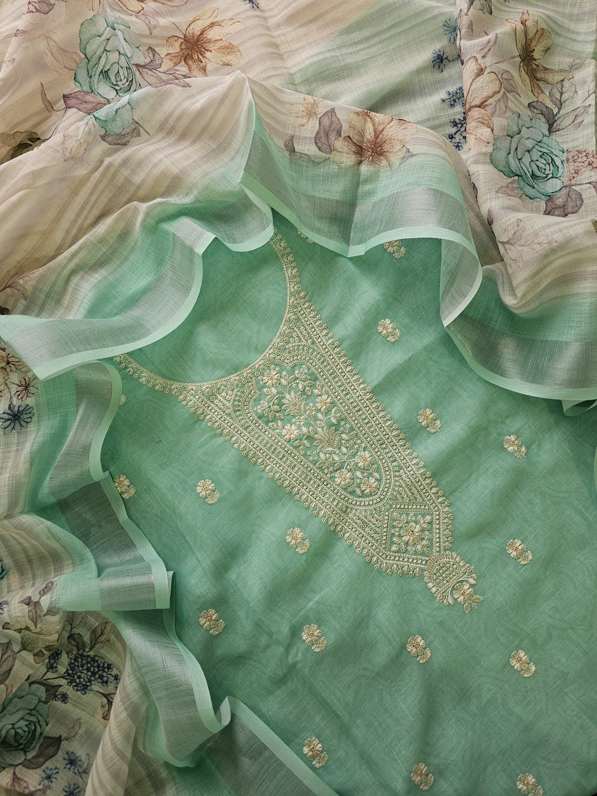 Linen Cotton with Emboridery Salwar Suit  - Sea Green