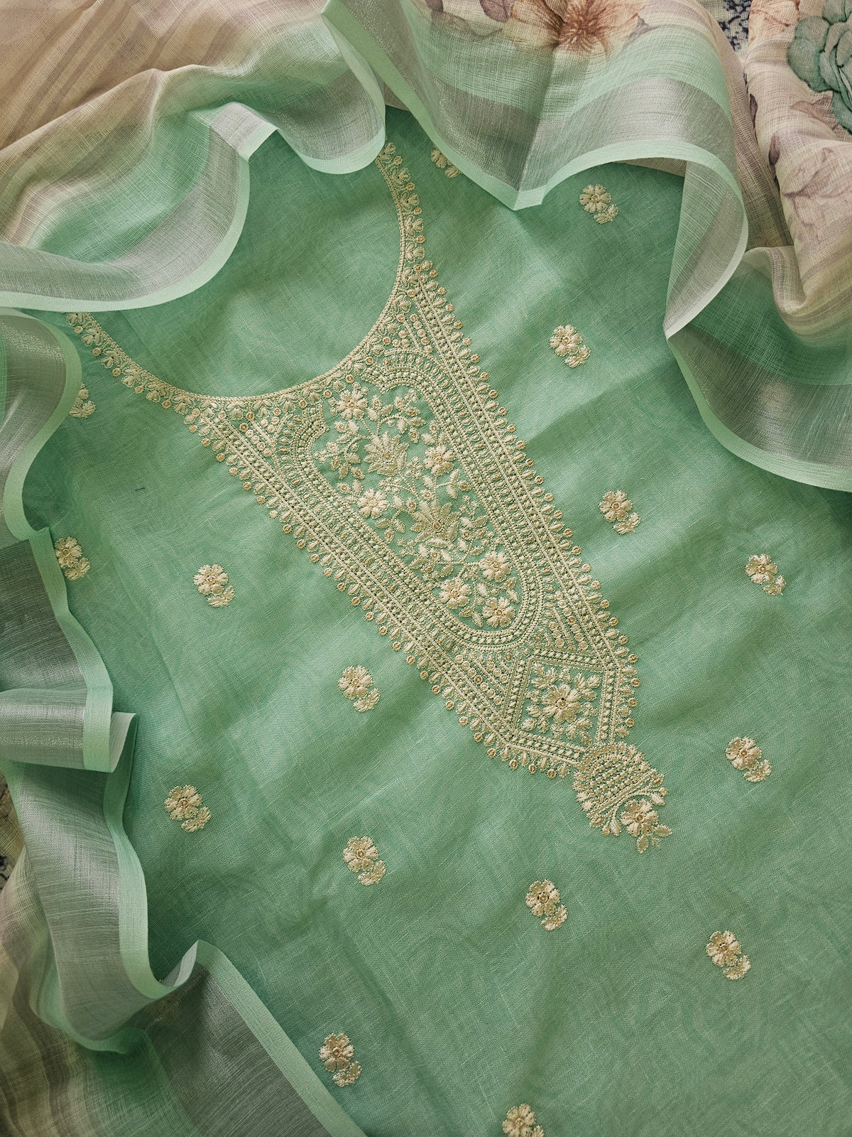 Linen Cotton with Emboridery Salwar Suit  - Sea Green
