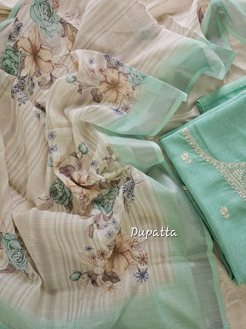 Linen Cotton with Emboridery Salwar Suit  - Sea Green