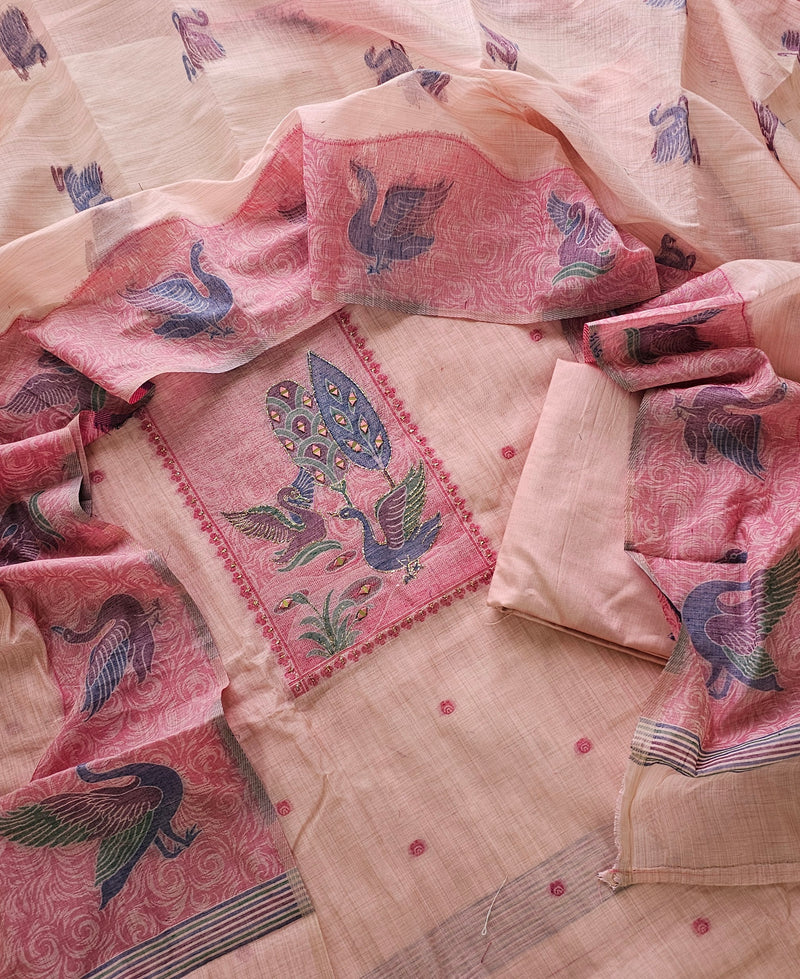 Cotton Jamdani Weaving Unstitched Salwar Suit  - Peach