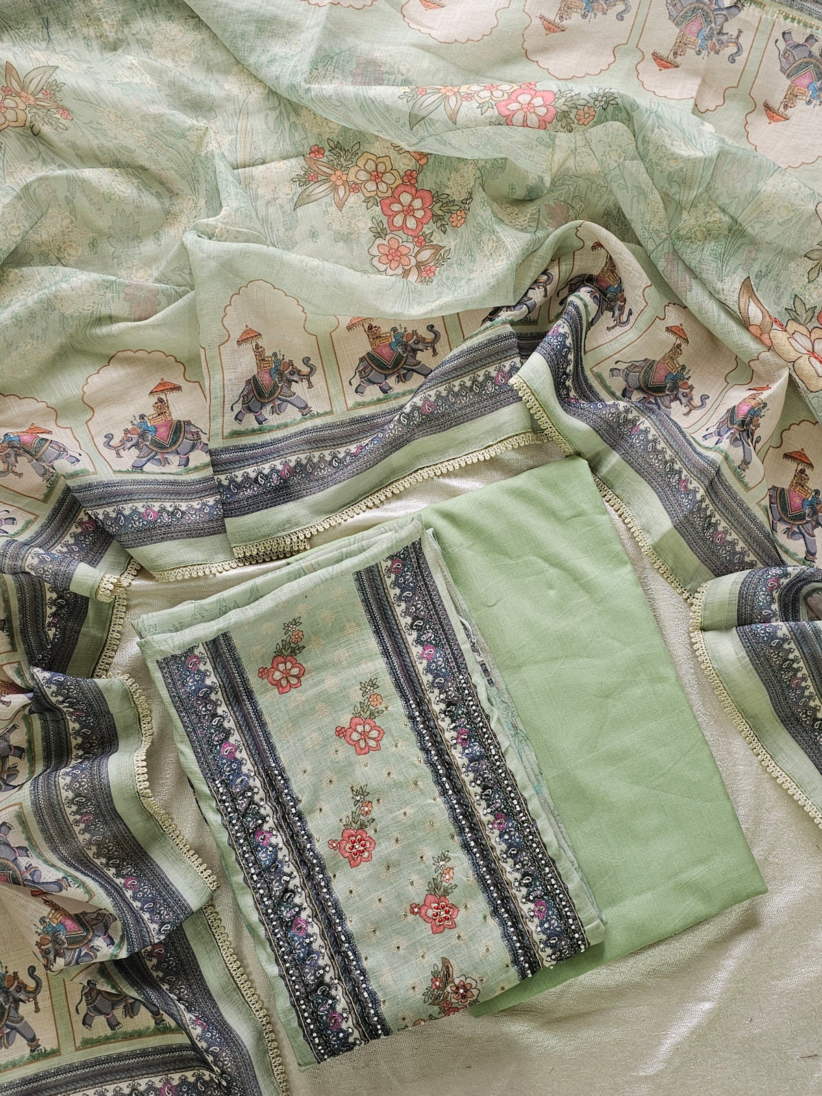 Linen Cotton Unstitched Salwar Suit  - Green