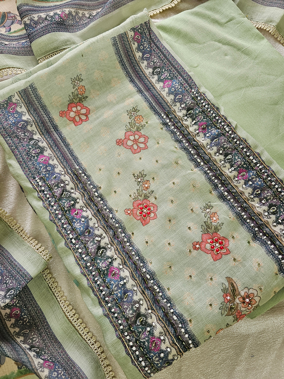 Linen Cotton Unstitched Salwar Suit  - Green