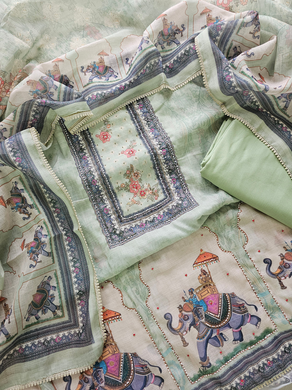 Linen Cotton Unstitched Salwar Suit  - Green