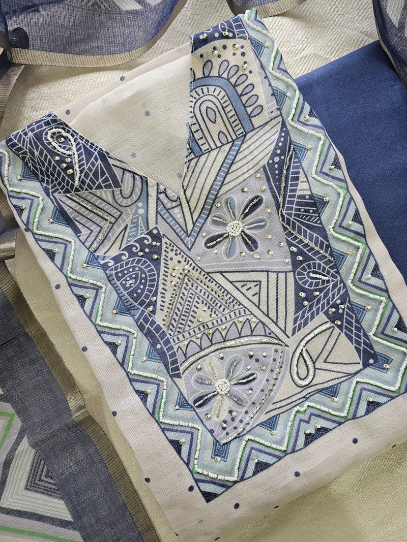 Linen Cotton Unstitched Salwar Suit  - Blue