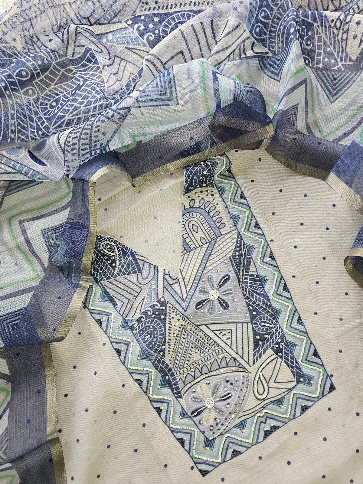 Linen Cotton Unstitched Salwar Suit  - Blue