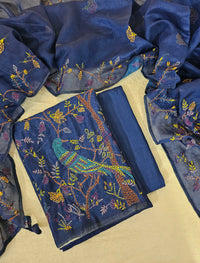 Linen Tissue with Kantha Unstitched Salwar Suit  - Blue