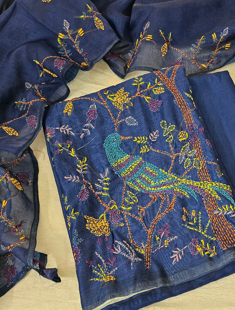 Linen Tissue with Kantha Unstitched Salwar Suit  - Blue