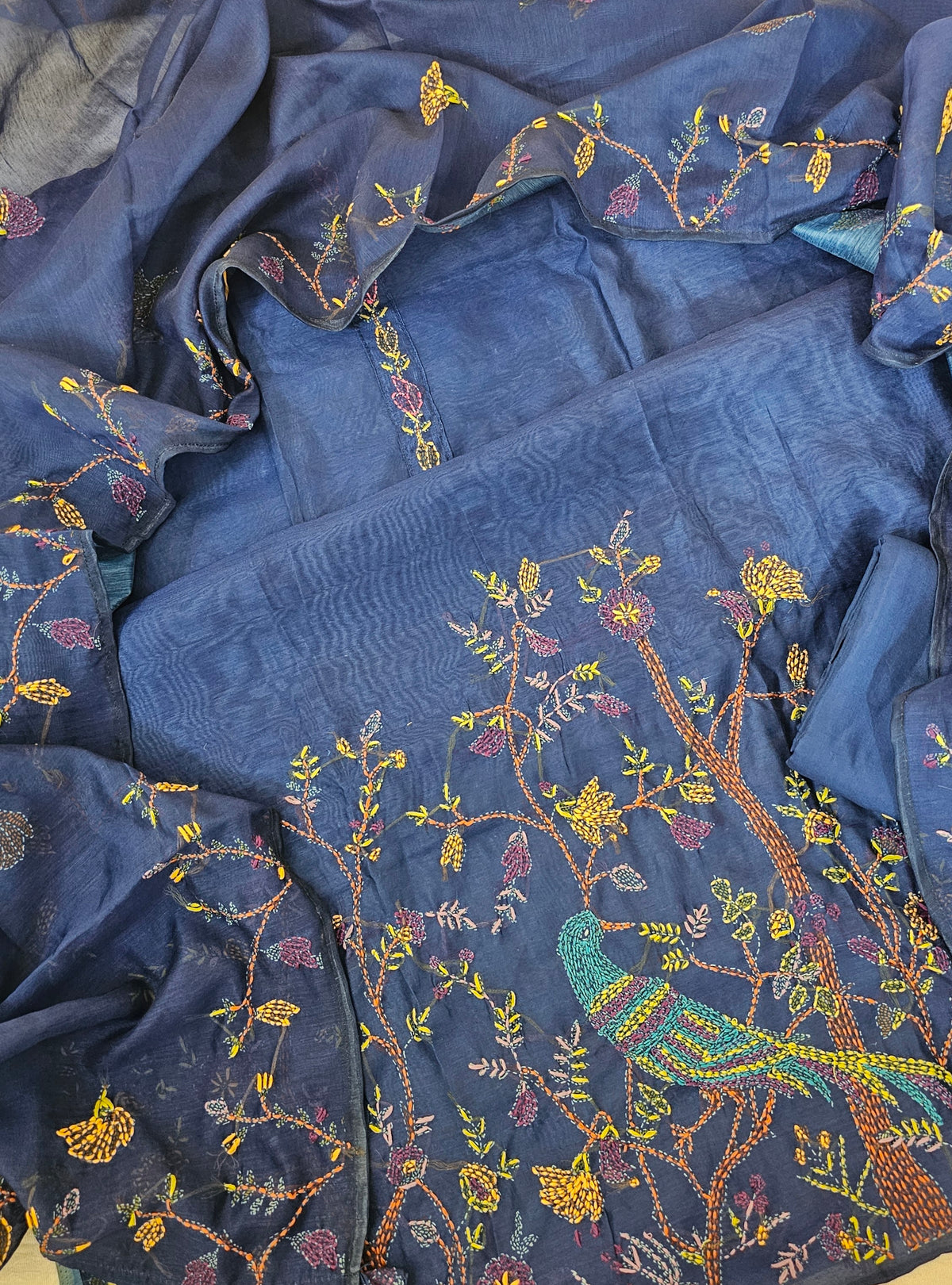 Linen Tissue with Kantha Unstitched Salwar Suit  - Blue