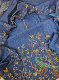 Linen Tissue with Kantha Unstitched Salwar Suit  - Blue