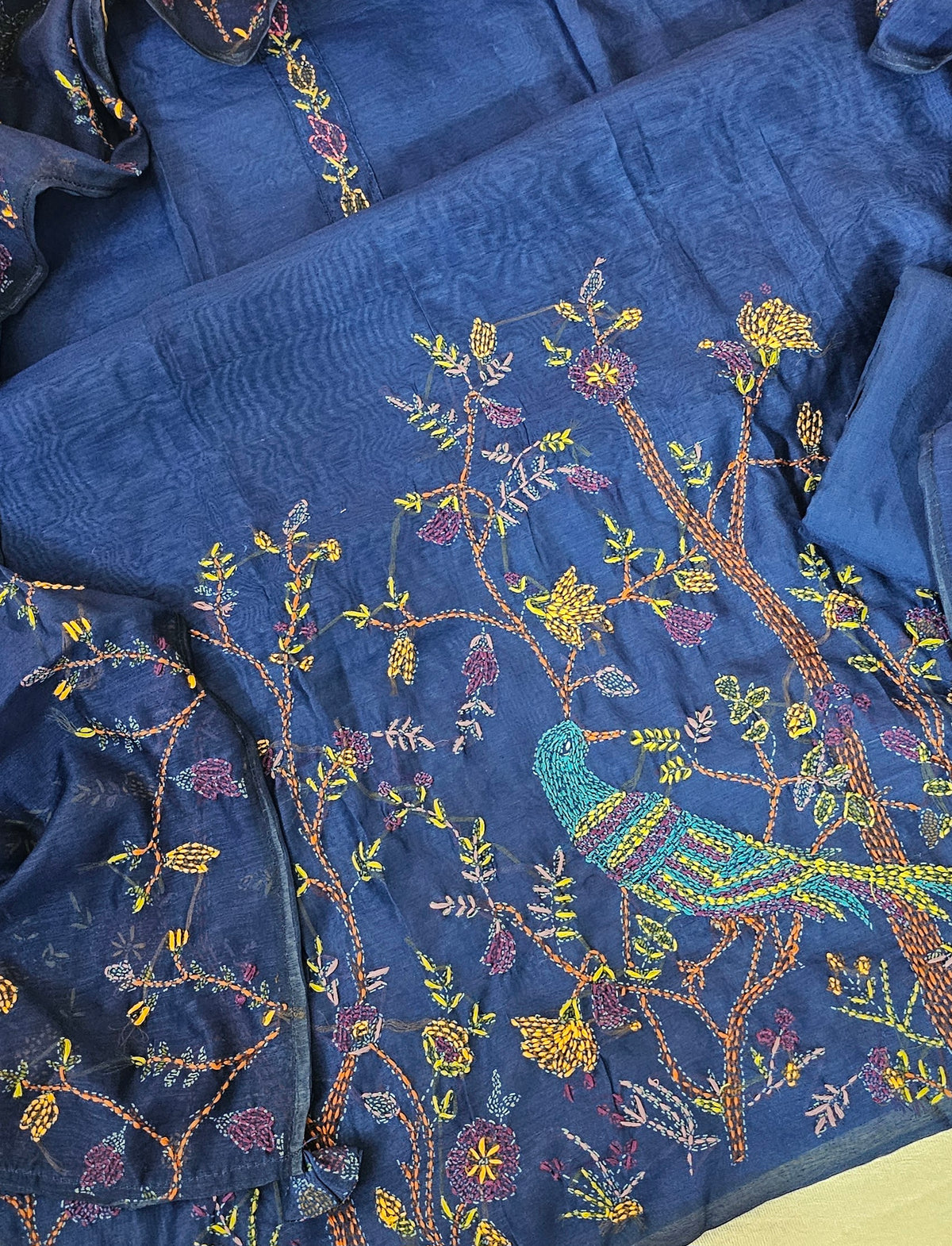 Linen Tissue with Kantha Unstitched Salwar Suit  - Blue