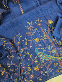 Linen Tissue with Kantha Unstitched Salwar Suit  - Blue