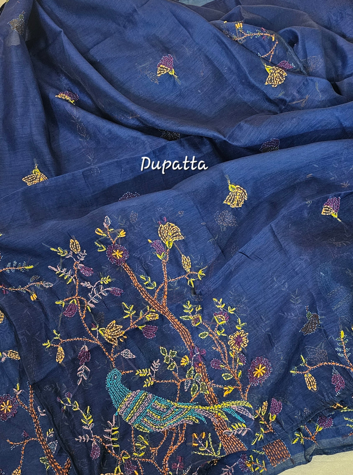 Linen Tissue with Kantha Unstitched Salwar Suit  - Blue