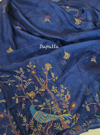Linen Tissue with Kantha Unstitched Salwar Suit  - Blue