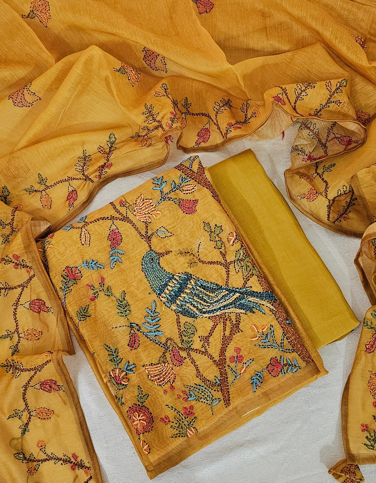 Chanderi with Kantha Unstitched Salwar Suit  - Mustard Yellow