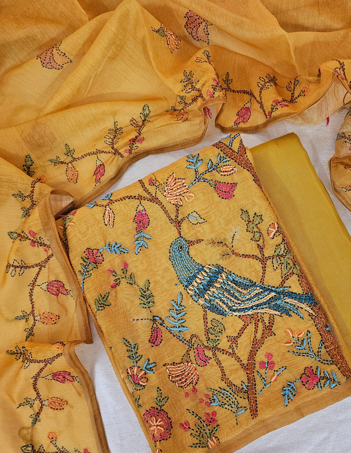 Chanderi with Kantha Unstitched Salwar Suit  - Mustard Yellow