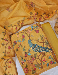 Chanderi with Kantha Unstitched Salwar Suit  - Mustard Yellow