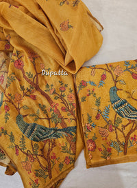 Chanderi with Kantha Unstitched Salwar Suit  - Mustard Yellow