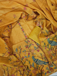 Chanderi with Kantha Unstitched Salwar Suit  - Mustard Yellow
