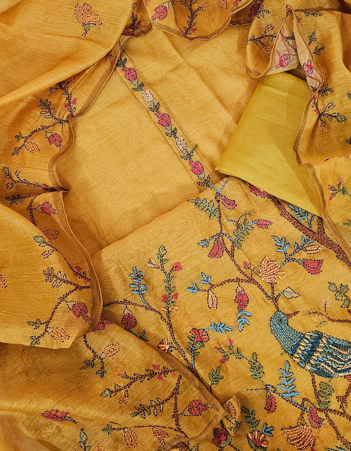 Chanderi with Kantha Unstitched Salwar Suit  - Mustard Yellow