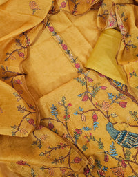 Chanderi with Kantha Unstitched Salwar Suit  - Mustard Yellow