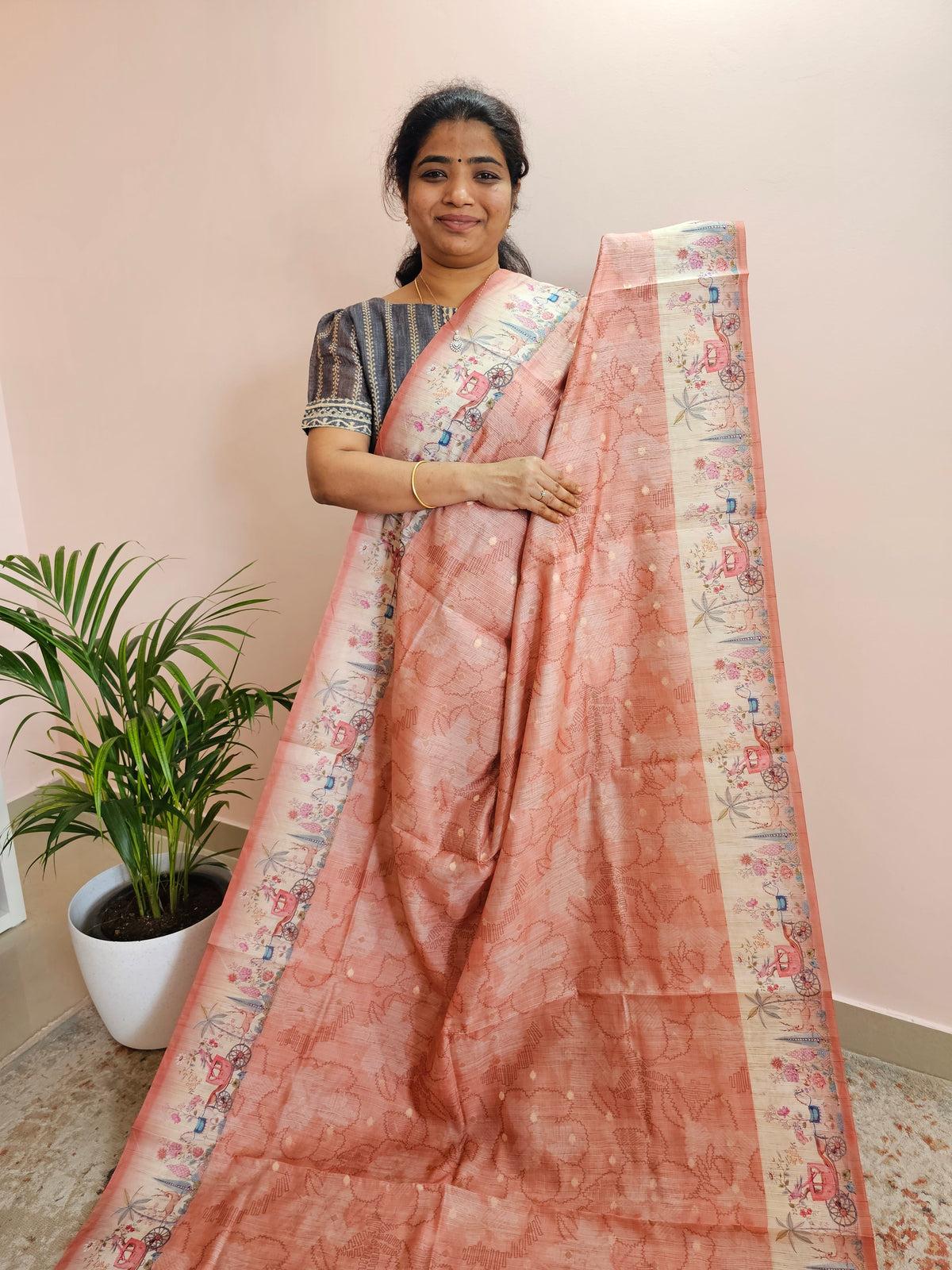 Unique Semi Tussar with Zari Weaving Butti - Peach