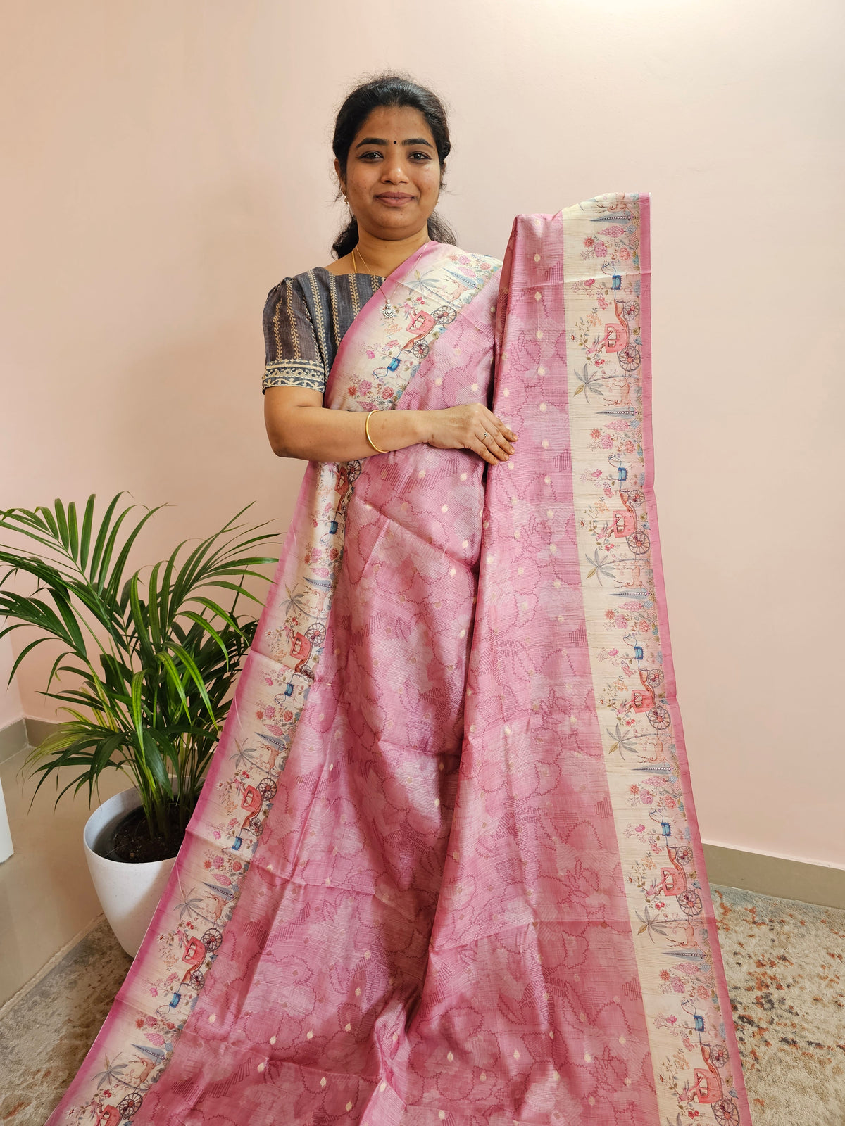 Unique Semi Tussar with Zari Weaving Butti - Pink