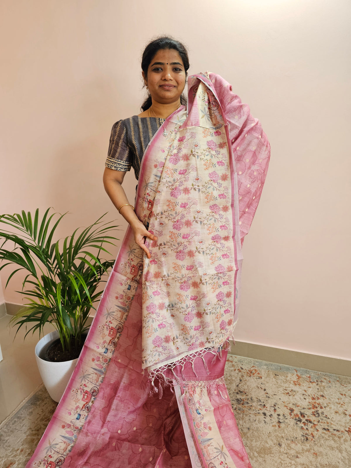 Unique Semi Tussar with Zari Weaving Butti - Pink