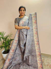 Unique Semi Tussar with Zari Weaving Butti - Grey
