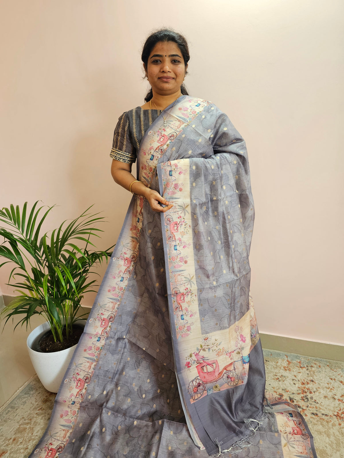 Unique Semi Tussar with Zari Weaving Butti - Grey