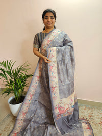 Unique Semi Tussar with Zari Weaving Butti - Grey