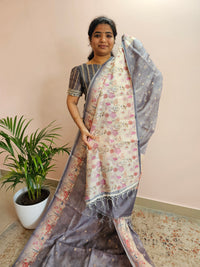 Unique Semi Tussar with Zari Weaving Butti - Grey