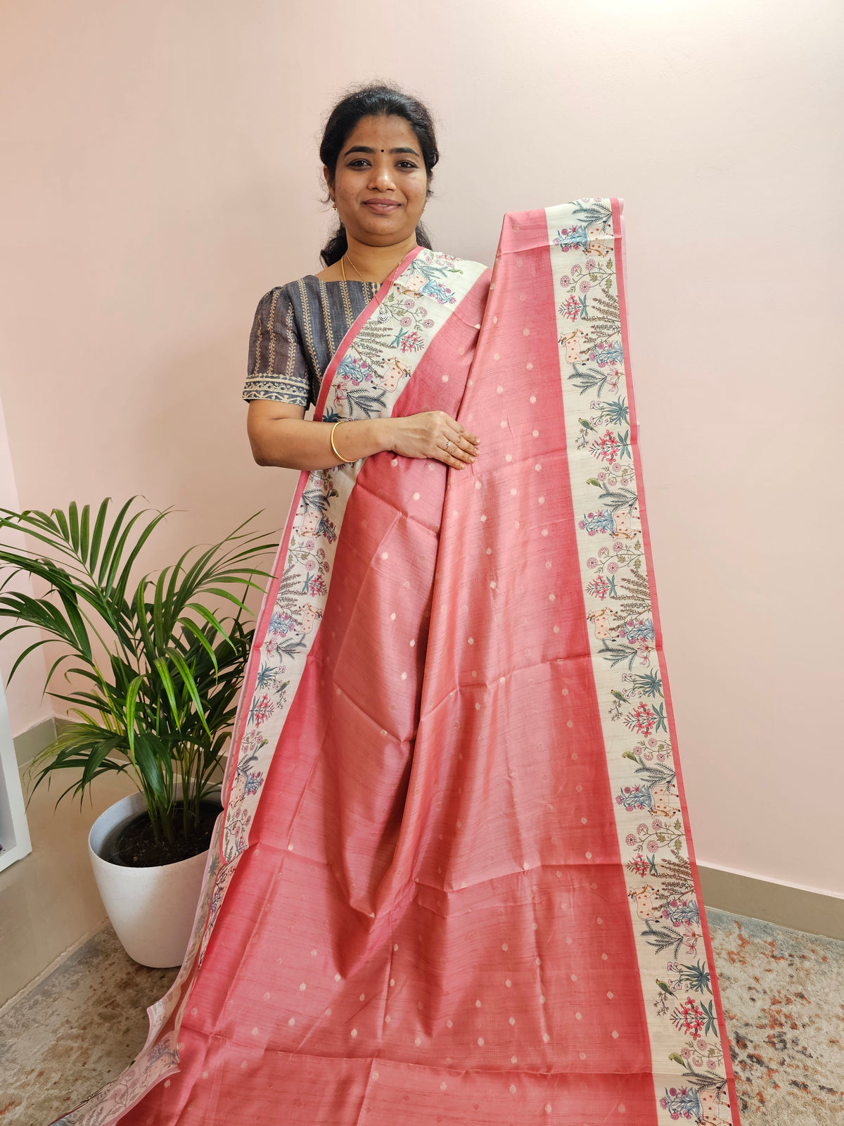 Unique Semi Tussar with Zari Weaving Butti - Peach