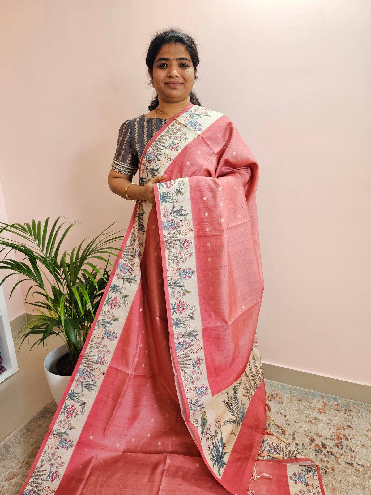 Unique Semi Tussar with Zari Weaving Butti - Peach
