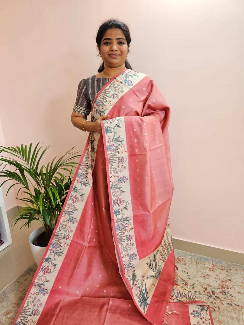 Unique Semi Tussar with Zari Weaving Butti - Peach