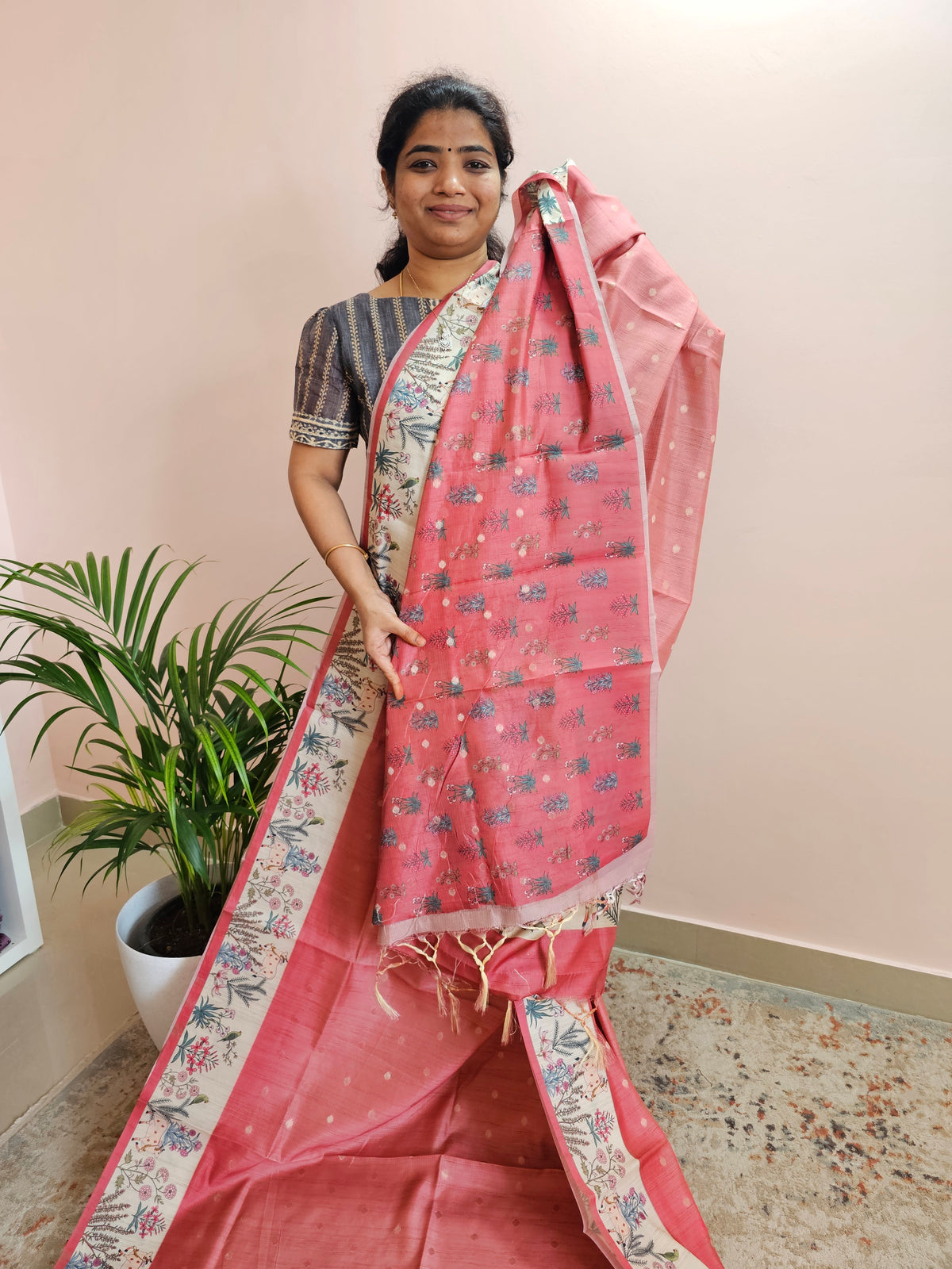 Unique Semi Tussar with Zari Weaving Butti - Peach