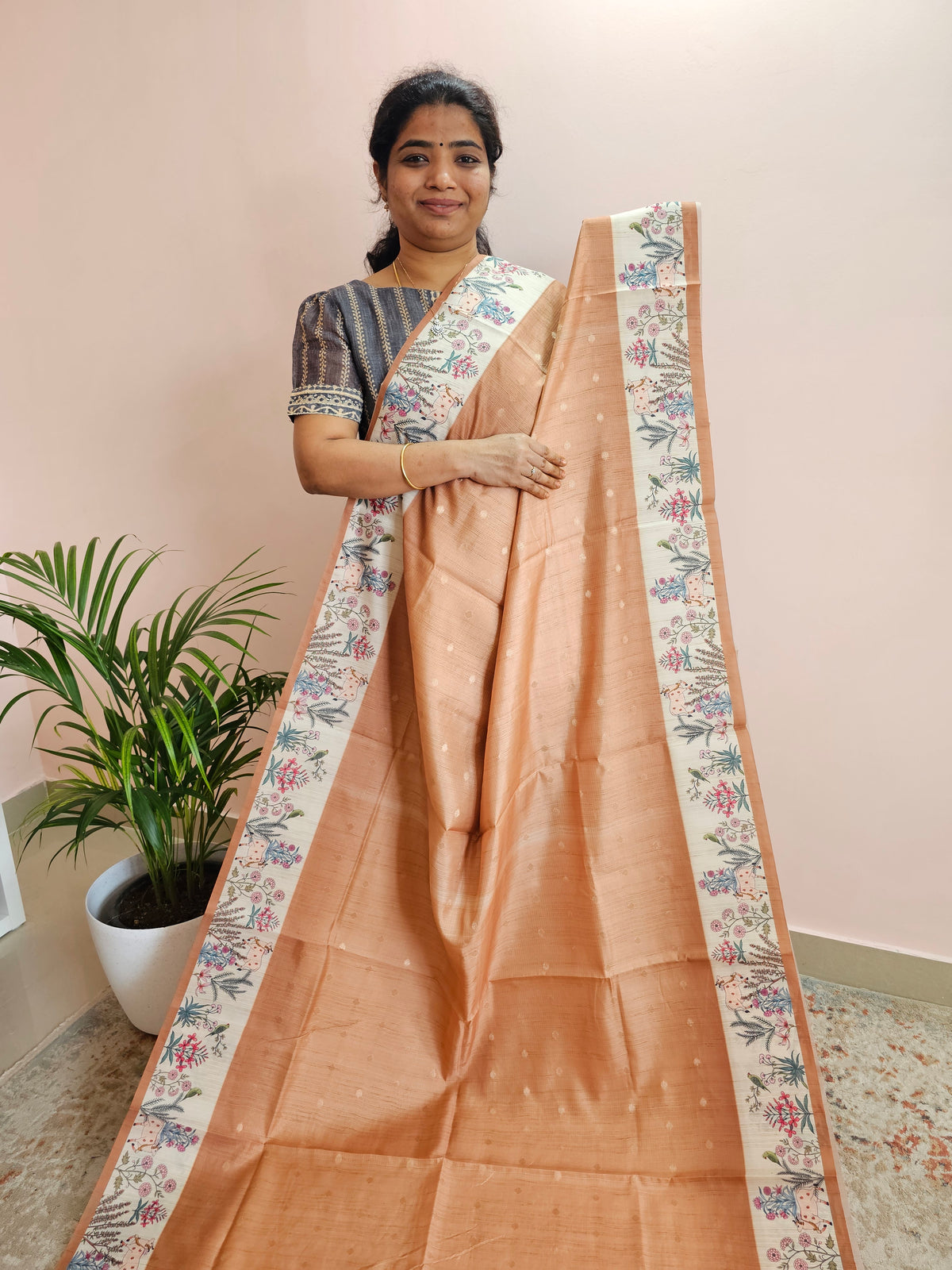 Unique Semi Tussar with Zari Weaving Butti - Brown
