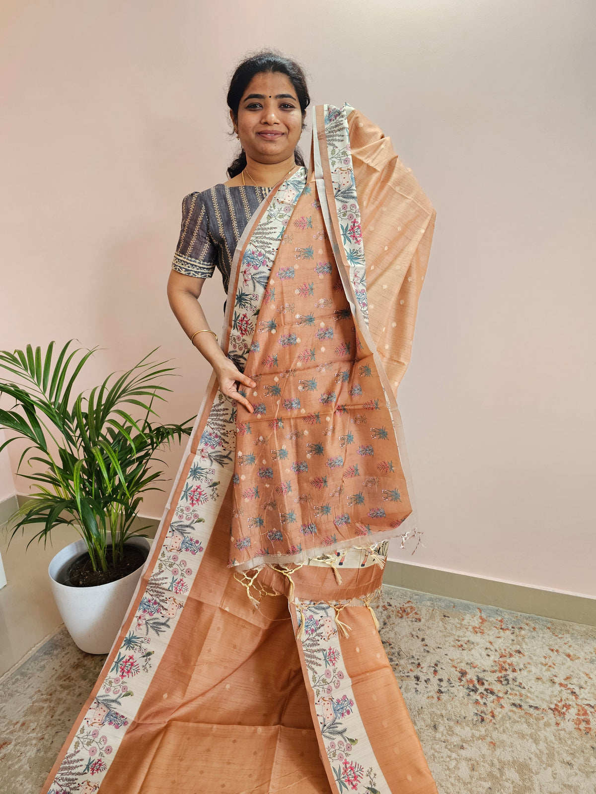 Unique Semi Tussar with Zari Weaving Butti - Brown