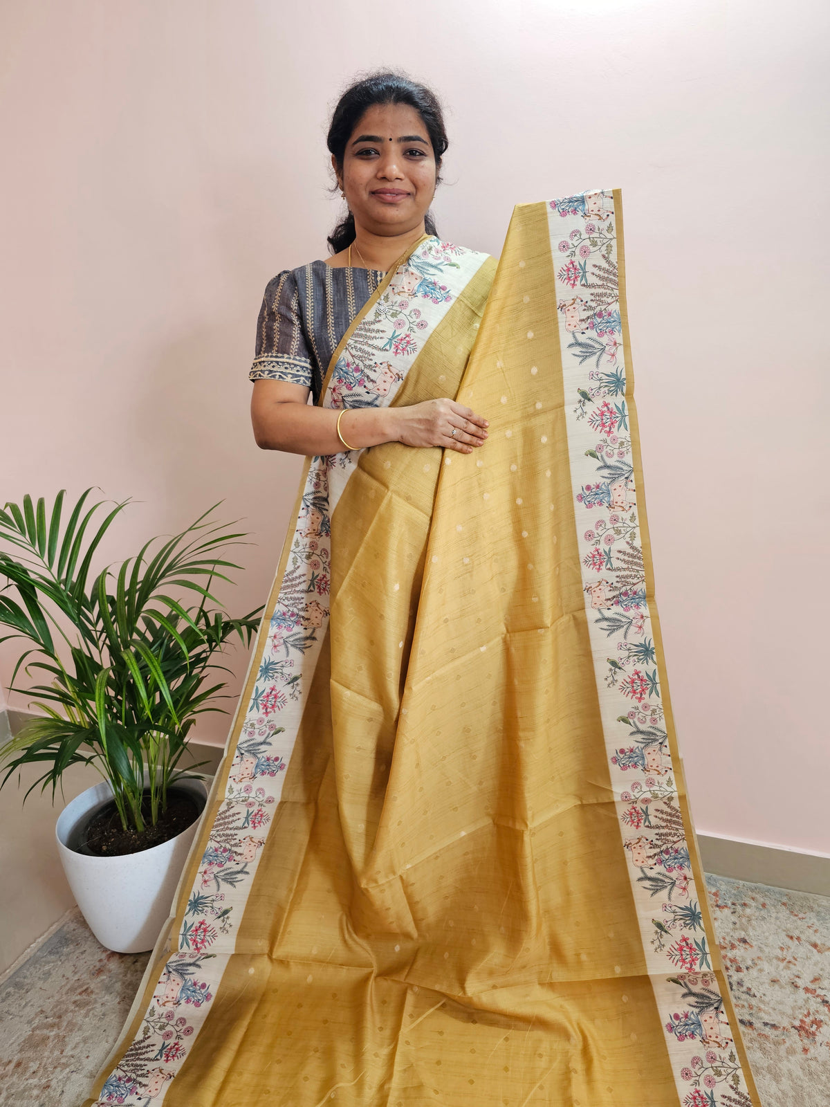 Unique Semi Tussar with Zari Weaving Butti - Yellow
