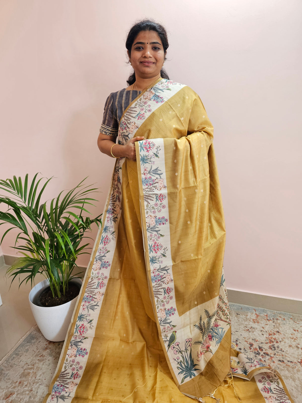 Unique Semi Tussar with Zari Weaving Butti - Yellow