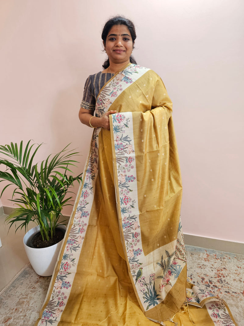 Unique Semi Tussar with Zari Weaving Butti - Yellow