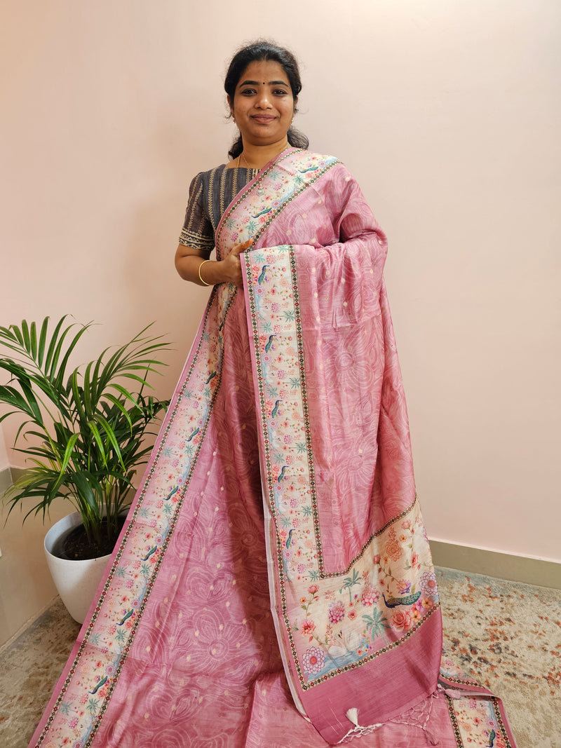 Unique Semi Tussar with Zari Weaving Butti- Pink