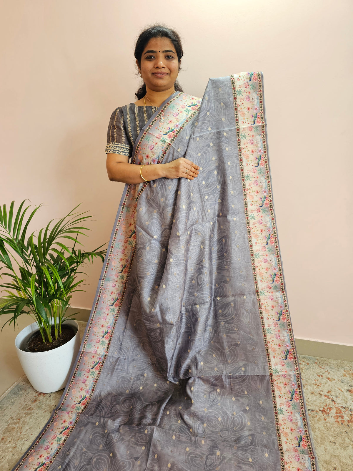Unique Semi Tussar with Zari Weaving Butti- Grey
