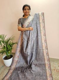 Unique Semi Tussar with Zari Weaving Butti- Grey