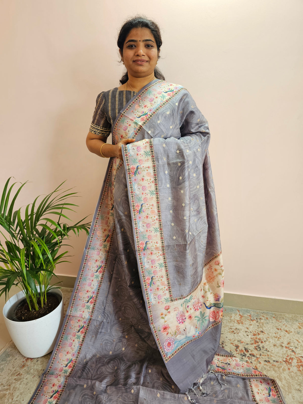Unique Semi Tussar with Zari Weaving Butti- Grey