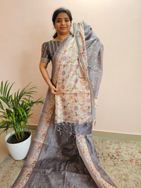 Unique Semi Tussar with Zari Weaving Butti- Grey