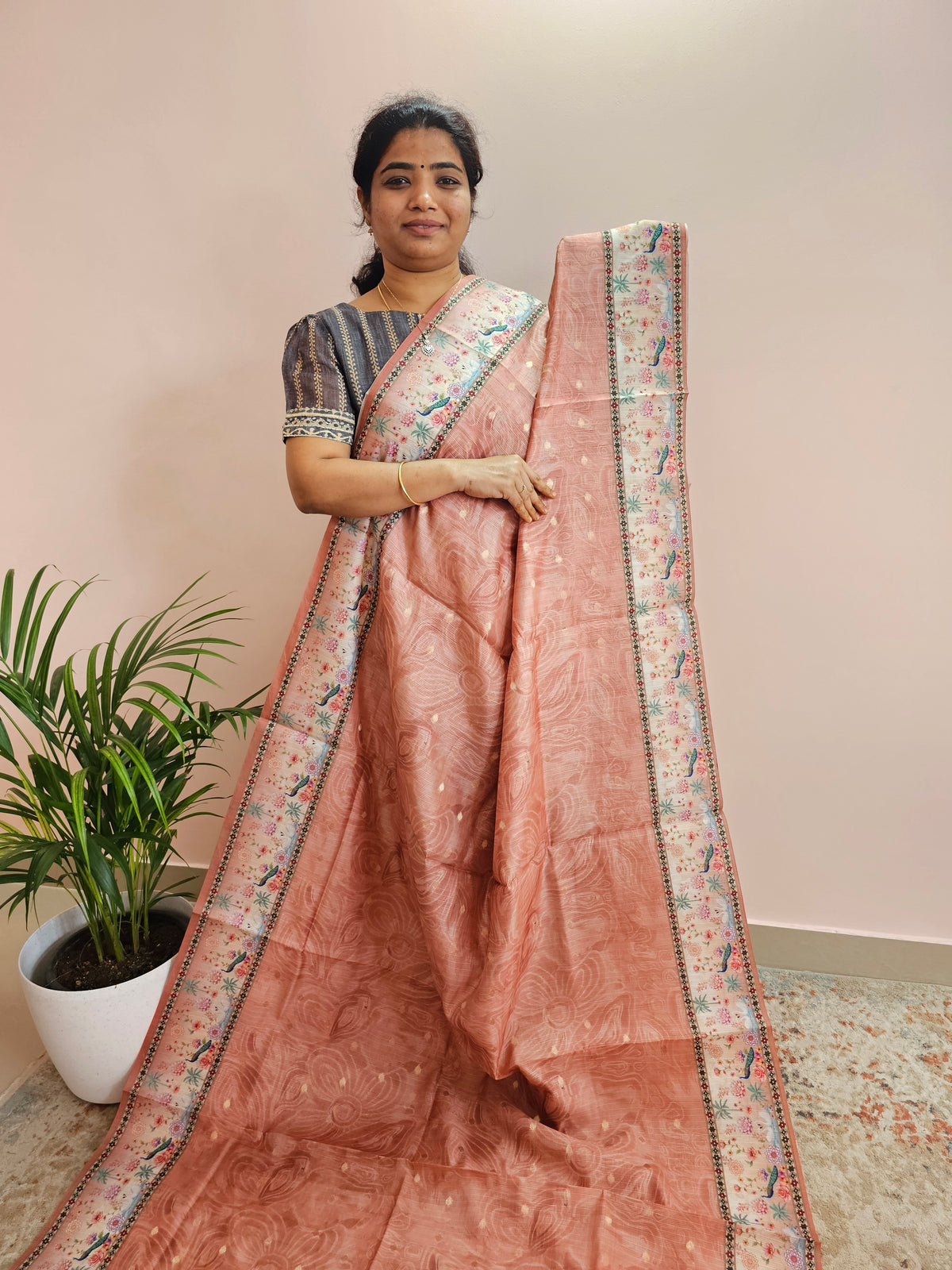 Unique Semi Tussar with Zari Weaving Butti- Peach