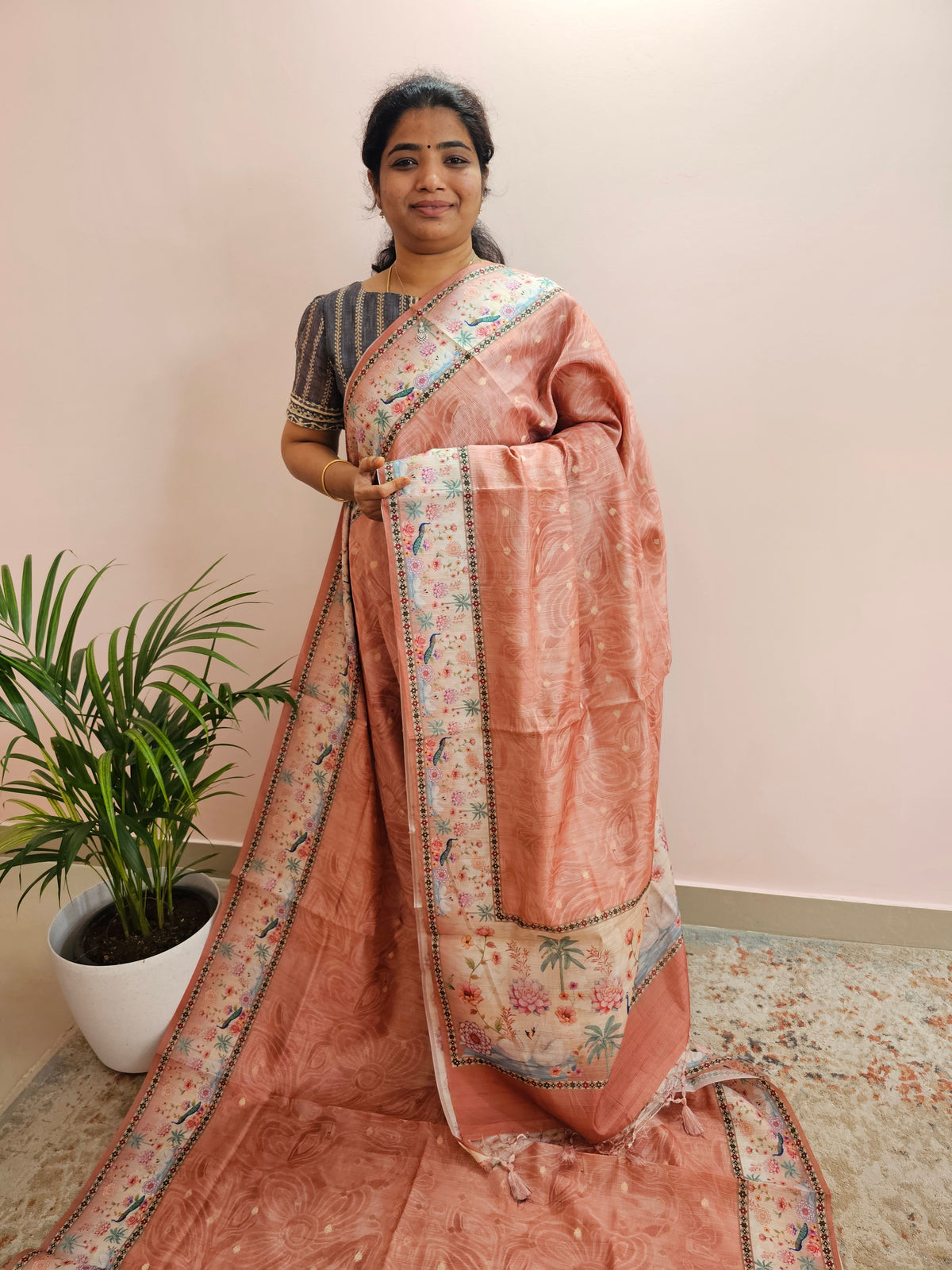 Unique Semi Tussar with Zari Weaving Butti- Peach