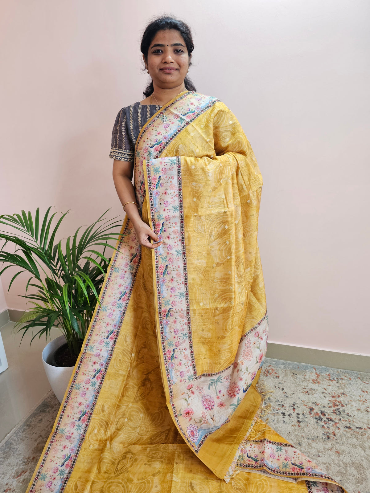 Unique Semi Tussar with Zari Weaving Butti- Mango Yellow