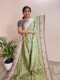 Unique Semi Tussar with Zari Weaving Butti- Green